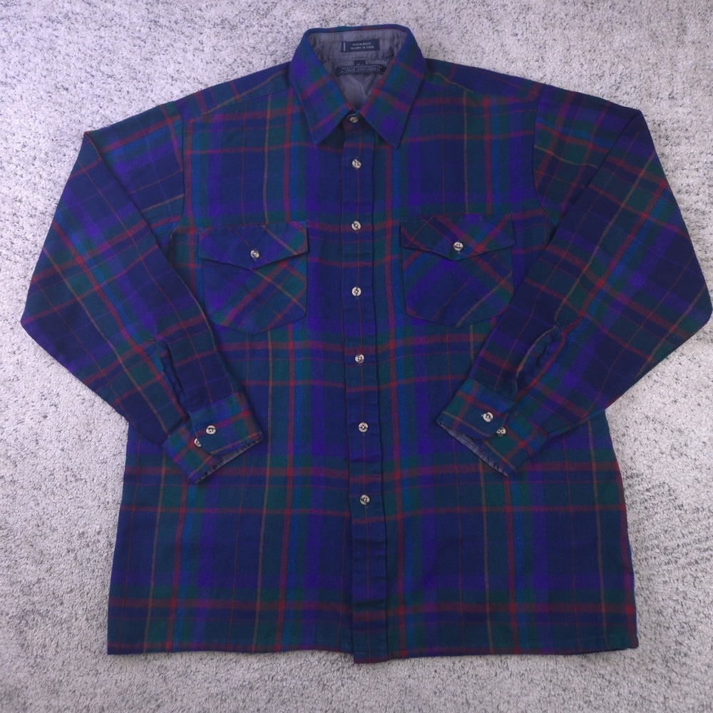 VTG Flannel Shirt Mens Large Purple Plaid Van Heusen Winterweights Grunge Button